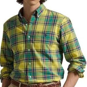 RALPH LAUREN Men's Custom Fit Plaid Oxford Shirt Yellow/Green Multicolor XL